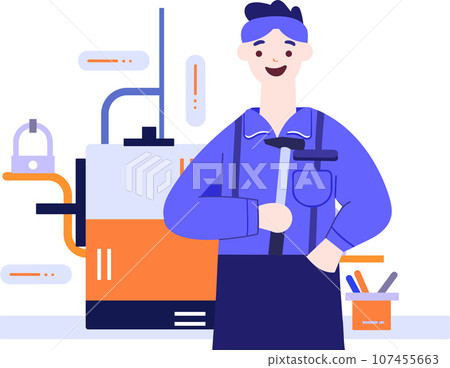 Hand Drawn Technician or engineer with engine in factory in flat style 107455663