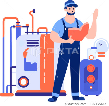 Hand Drawn Technician or engineer with engine in factory in flat style Hand Drawn Technician or engineer with engine in factory in flat style 107455664