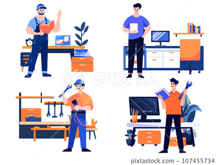 Hand Drawn Engineer or architect in office in flat style 107455734