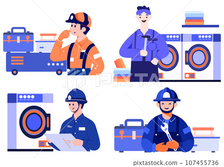 Hand Drawn washing machine repair technician in flat style 107455736