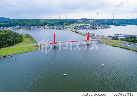 Aerial view of Kitagatako Lakeside Park and Iris Bridge, a place of relaxation in northern Fukui Prefecture | Awara City, Fukui Prefecture 107455815