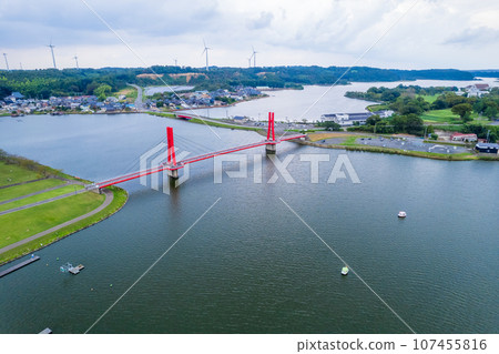 Aerial view of Kitagatako Lakeside Park and Iris Bridge, a place of relaxation in northern Fukui Prefecture | Awara City, Fukui Prefecture 107455816