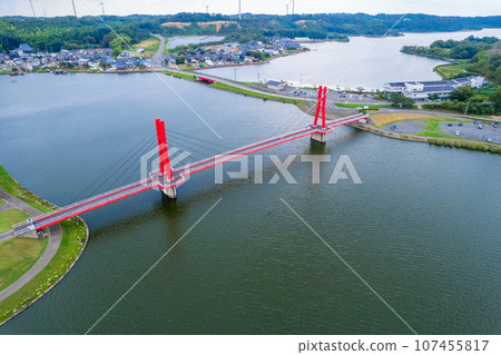 Aerial view of Kitagatako Lakeside Park and Iris Bridge, a place of relaxation in northern Fukui Prefecture | Awara City, Fukui Prefecture 107455817