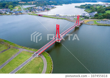 Aerial view of Kitagatako Lakeside Park and Iris Bridge, a place of relaxation in northern Fukui Prefecture | Awara City, Fukui Prefecture 107455818