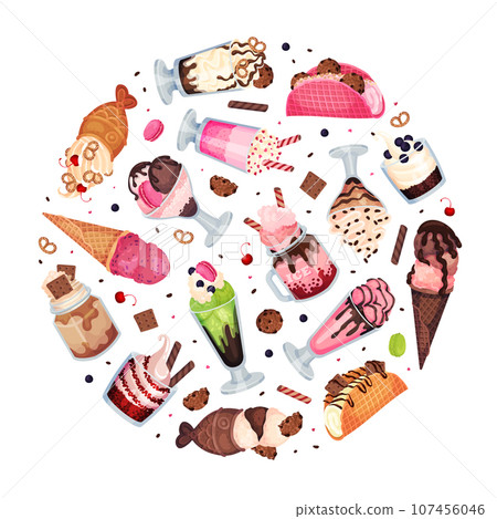 Tasty Ice Cream Food Round Composition with Frozen Dessert Vector Template 107456046