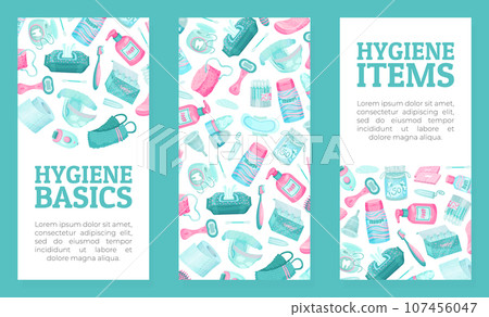 Essential Personal Hygiene Items Banner Design with Vector Template Essential Personal Hygiene Items Banner Design with Vector Template 107456047