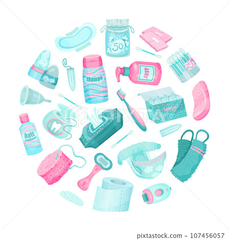 Personal Hygiene Items Round Composition Design Vector Template 107456057