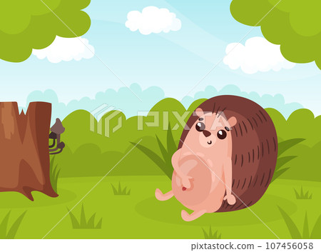 Funny Hedgehog Cartoon Animal on Green Forest Meadow Vector Illustration 107456058