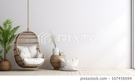 Bright room in a minimalist, boho style with a green plant. Bright room in a minimalist, boho style with a green plant. 107456094