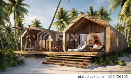 Eco-house or villa with palm trees, on the ocean and beach. Ecotourism and vacation concept 107456105
