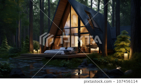 Cozy autonomous eco-house in a summer forest near the river.  107456114