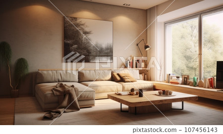 Interior of a cozy room in minimalist style Interior of a cozy room in minimalist style 107456143