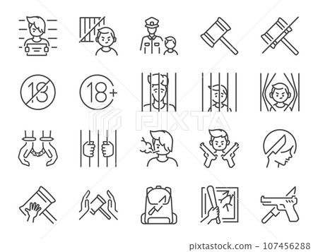 Juvenile crime icon set. It included delinquent, justice, law, crime, and more icons. Editable Vector Stroke. 107456288