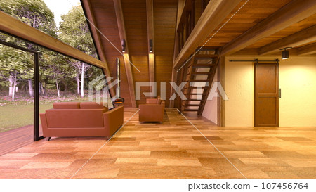 A house with a triangular roof in the forest A house with a triangular roof in the forest 107456764