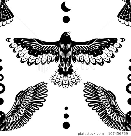 Decorative monochrome seamless pattern with flying birds and moon. Vector texture with black owls and eagles with spread wings 107456769