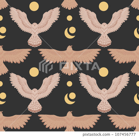 Vector flat texture owls and eagles with spread wings on dark background. Decorative seamless pattern with flying night birds and moon. Vector flat texture owls and eagles with spread wings on dark background. Decorative seamless pattern with flying night birds and moon. 107456777