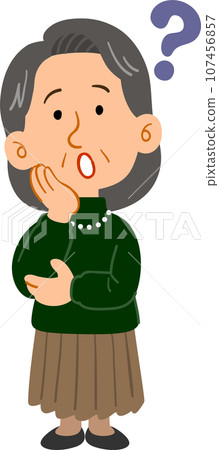 Senior woman wearing a green sweater with doubts, whole body Senior woman wearing a green sweater with doubts, whole body 107456857