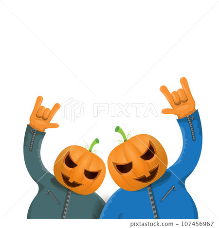 Man in halloween costume with pumpkin mask isolated on white background. Happy Halloween rock n roll party background and poster design template with funny Halloween cartoon character. Man in halloween costume with pumpkin mask isolated on white background. Happy Halloween rock n roll party background and poster design template with funny Halloween cartoon character. 107456967