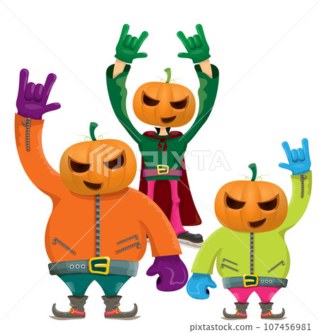 Man in halloween costume with pumpkin mask isolated on white background. Happy Halloween rock n roll party background and poster design template with funny Halloween cartoon character. Man in halloween costume with pumpkin mask isolated on white background. Happy Halloween rock n roll party background and poster design template with funny Halloween cartoon character. 107456981