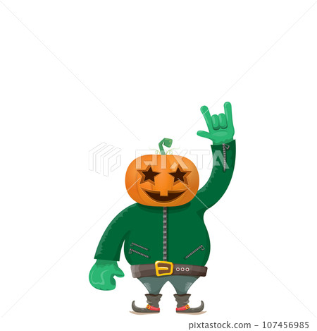 Man in halloween costume with pumpkin mask isolated on white background. Happy Halloween rock n roll party background and poster design template with funny Halloween cartoon character. 107456985