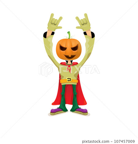 Man in halloween costume with pumpkin mask isolated on white background. Happy Halloween rock n roll party background and poster design template with funny Halloween cartoon character. Man in halloween costume with pumpkin mask isolated on white background. Happy Halloween rock n roll party background and poster design template with funny Halloween cartoon character. 107457009