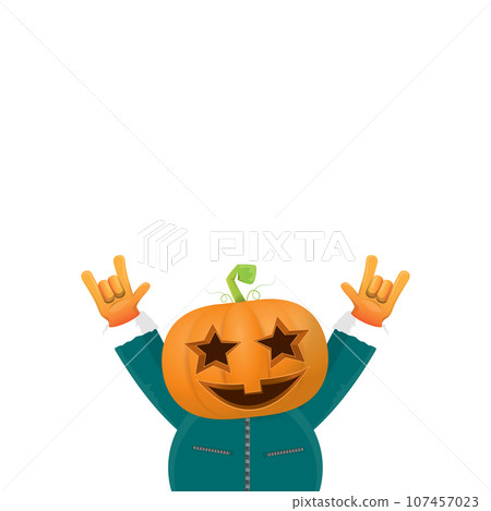 Man in halloween costume with pumpkin mask isolated on white background. Happy Halloween rock n roll party background and poster design template with funny Halloween cartoon character. Man in halloween costume with pumpkin mask isolated on white background. Happy Halloween rock n roll party background and poster design template with funny Halloween cartoon character. 107457023