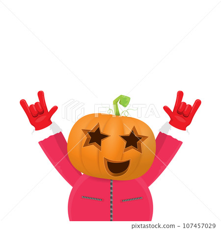 Man in halloween costume with pumpkin mask isolated on white background. Happy Halloween rock n roll party background and poster design template with funny Halloween cartoon character. 107457029