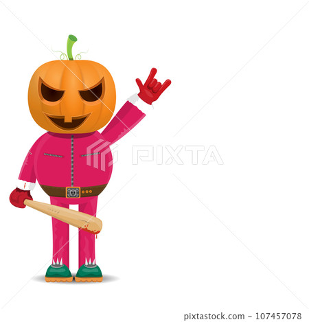 Man in halloween costume with pumpkin mask isolated on white background. Happy Halloween rock n roll party background and poster design template with funny Halloween cartoon character. 107457078