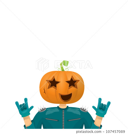 Man in halloween costume with pumpkin mask isolated on white background. Happy Halloween rock n roll party background and poster design template with funny Halloween cartoon character. Man in halloween costume with pumpkin mask isolated on white background. Happy Halloween rock n roll party background and poster design template with funny Halloween cartoon character. 107457089