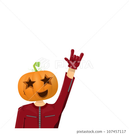 Man in halloween costume with pumpkin mask isolated on white background. Happy Halloween rock n roll party background and poster design template with funny Halloween cartoon character. Man in halloween costume with pumpkin mask isolated on white background. Happy Halloween rock n roll party background and poster design template with funny Halloween cartoon character. 107457117