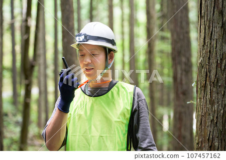 A man wearing a helmet working in the forest 107457162