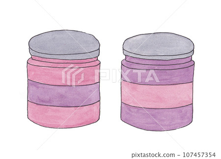 Illustration set of pink and purple bottles drawn with water-based pens and transparent watercolors Illustration set of pink and purple bottles drawn with water-based pens and transparent watercolors 107457354