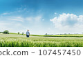 Rear view of businessman standing on green field and looking at blue sky 107457450