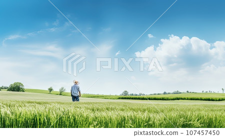 Rear view of businessman standing on green field and looking at blue sky 107457450