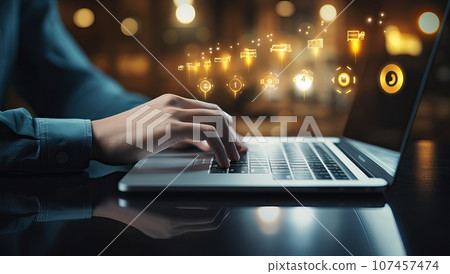 Close up of woman hands typing on laptop keyboard. Social media concept Close up of woman hands typing on laptop keyboard. Social media concept 107457474