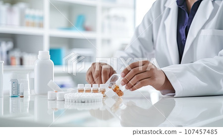 Close-up of a female pharmacist sitting at the desk in a drugstore 107457485