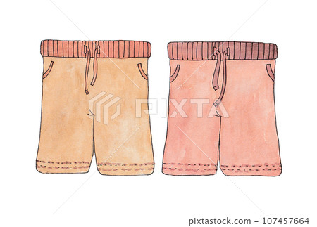 Illustration set of brown shorts drawn with water-based pens and transparent watercolors 107457664