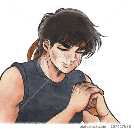 Retro-style physical labor, fights, muscular handsome men clenching their fists and crying 107457688