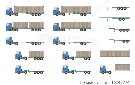 Vector illustration set of trucks and semi-trailers that transport sea containers 107457743
