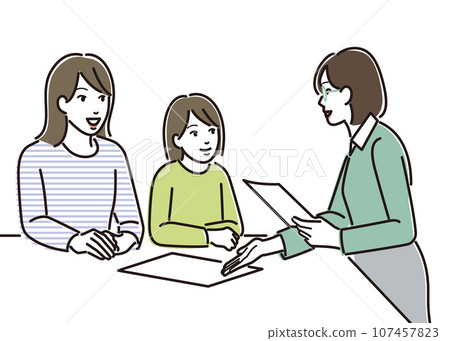Parent and child receiving explanation from teacher 107457823
