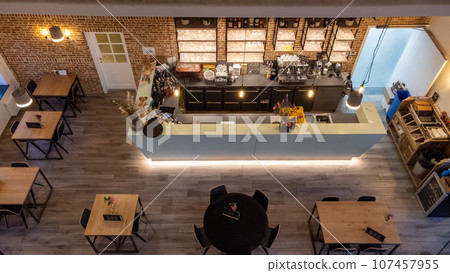 Restaurant Tables and Chairs Top-Down View 107457955