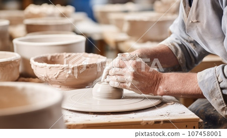 Potter working on pottery wheel in a pottery workshop. Potter working on pottery wheel in a pottery workshop. 107458001