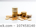 Pile of gold coins on white background, business and finance concept 107458140
