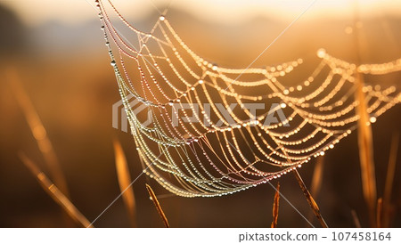 Spider web with dew drops at sunrise. Beautiful natural background. Spider web with dew drops at sunrise. Beautiful natural background. 107458164