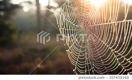 Spider web with dew drops in morning light. Nature background. 107458168