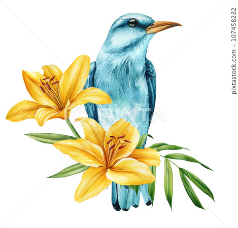 Blue bird and yellow lilies flowers on an isolated white backgroundHand drawn, watercolor trendy illustration 107458282