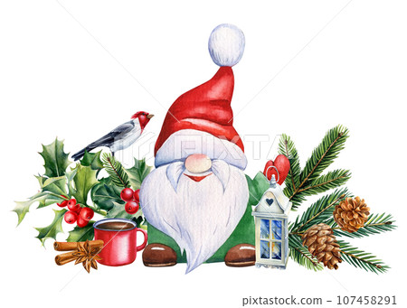 Gnome, bird and decoration, watercolor illustration isolated on white background, Christmas design 107458291