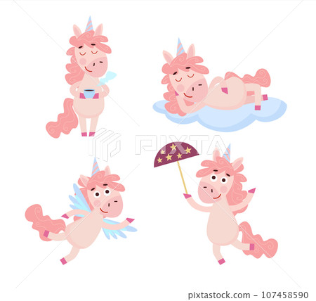 Set of funny cartoon pink Unicorn. Happy unicorn character holding cup of tea, dreaming on the cloud, walking with umbrella and flying on wings Set of funny cartoon pink Unicorn. Happy unicorn character holding cup of tea, dreaming on the cloud, walking with umbrella and flying on wings 107458590
