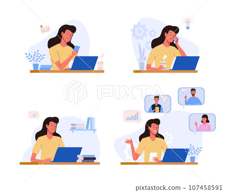 Office working process Set. Woman sitting at the table with laptop, talking by phone, communicates online with colleagues 107458591