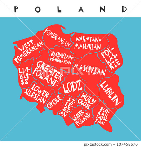 Vector Hand Drawn Stylized Map Of Polish Provinces. Travel Illustration. Republic Of Poland Geography Illustration. Europe Map Element 107458670